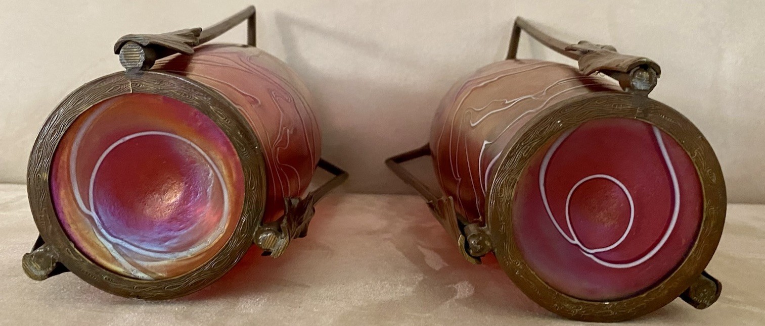 Art Nouveau Bohemian Kralik Loetz Ruby Iridescent Glass Bronze Vases Pair 11.5”