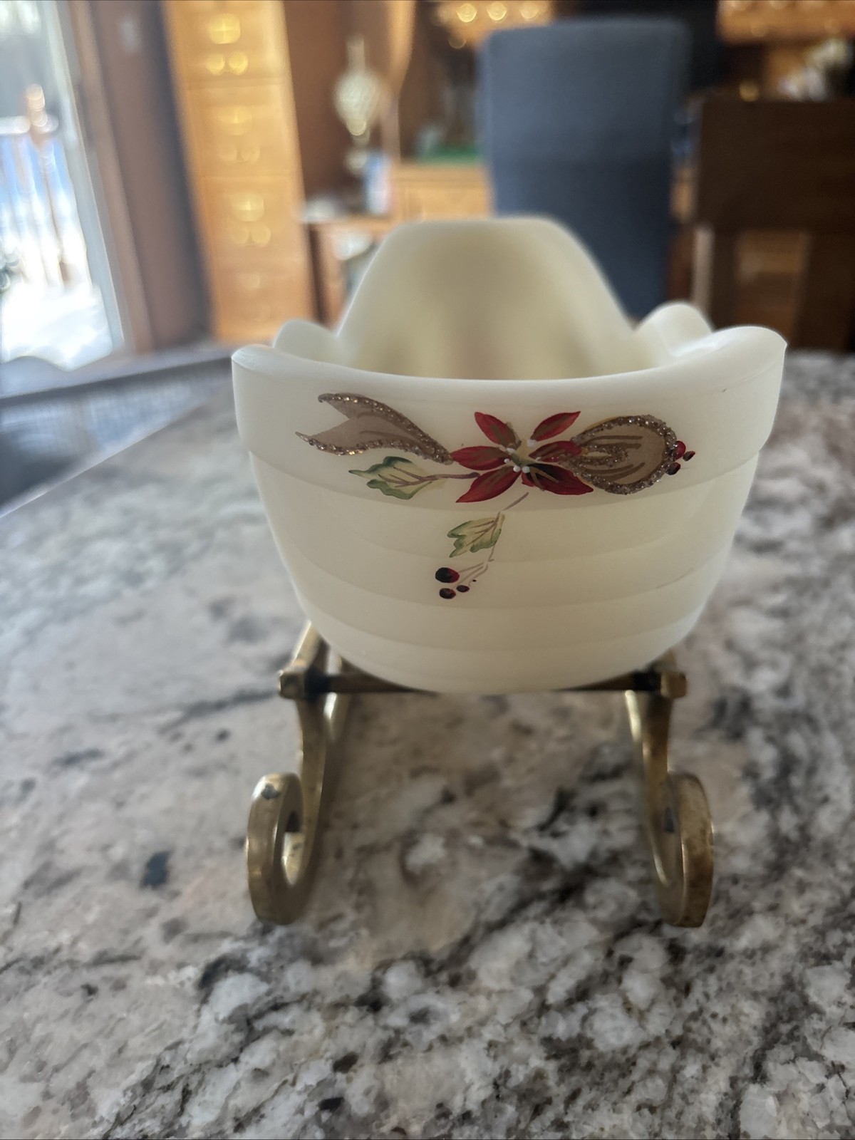 Fenton Art Glass Hand painted Sleigh With Brass Base