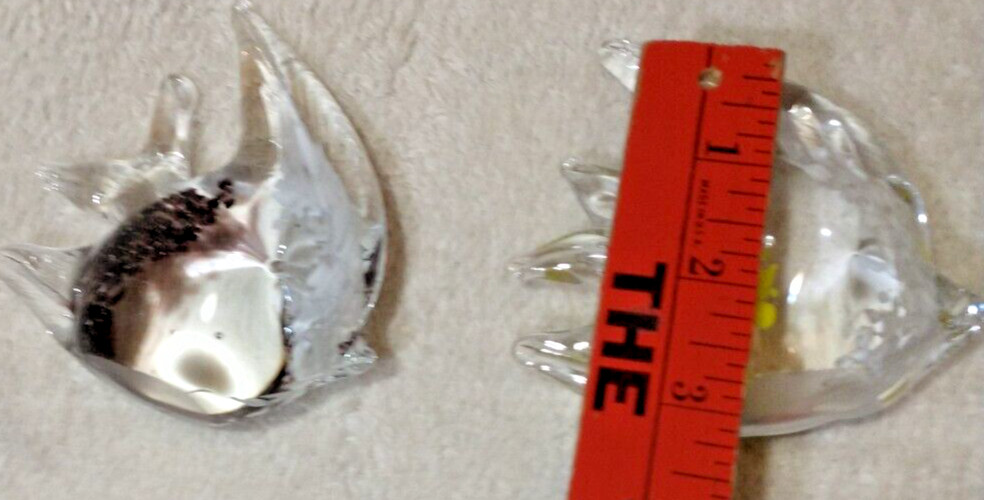 2 Art Glass Angel Fish Statue Clear Yellow White-Clear Black White Paperweight