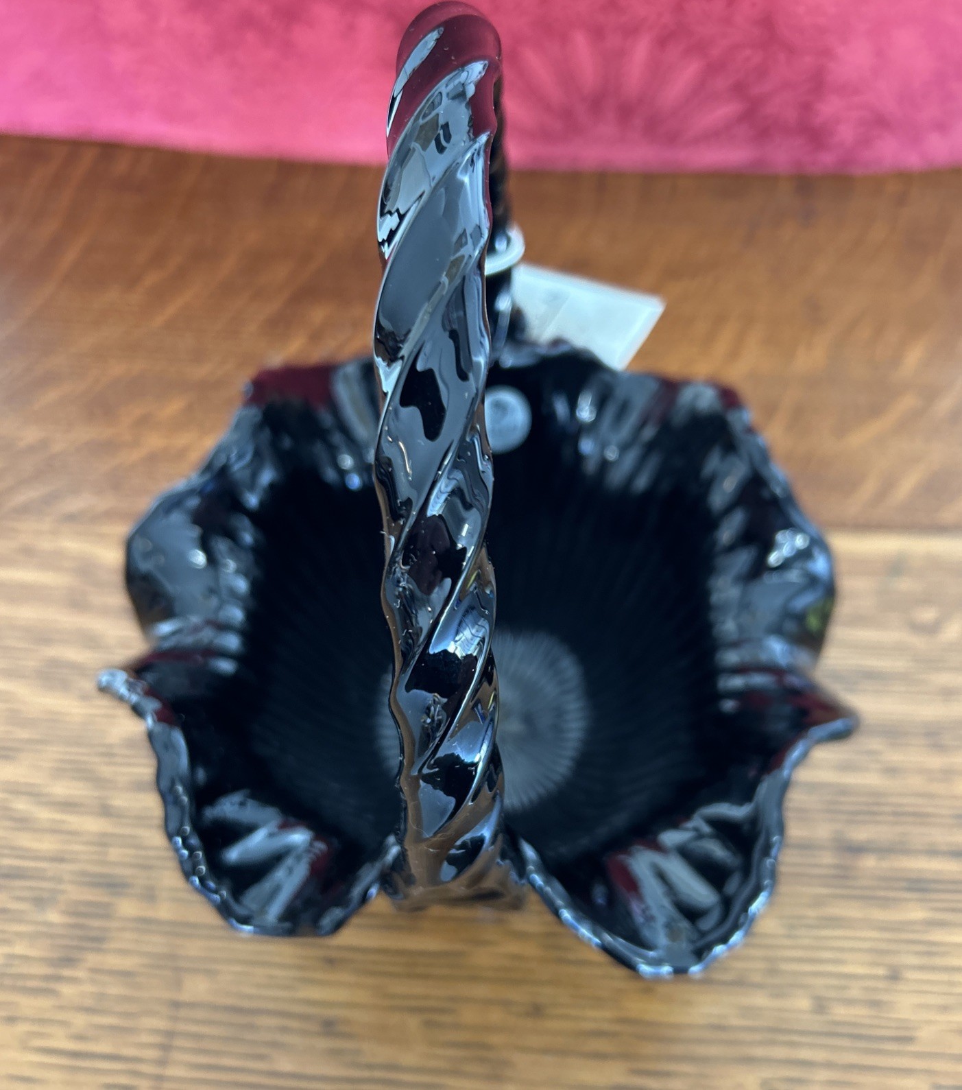 Fenton Glass Basket Midnight Safari Jungle Jaguar Zebra Giraffe Black Amethyst