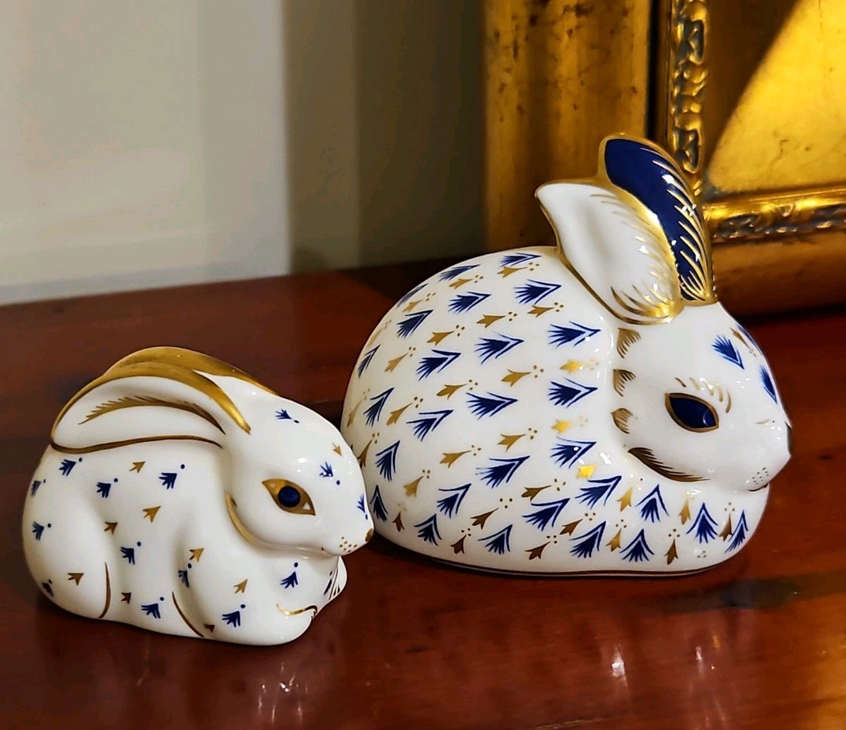 Two Royal Crown Derby Rabbit Paperweights Small & Large No Stoppers