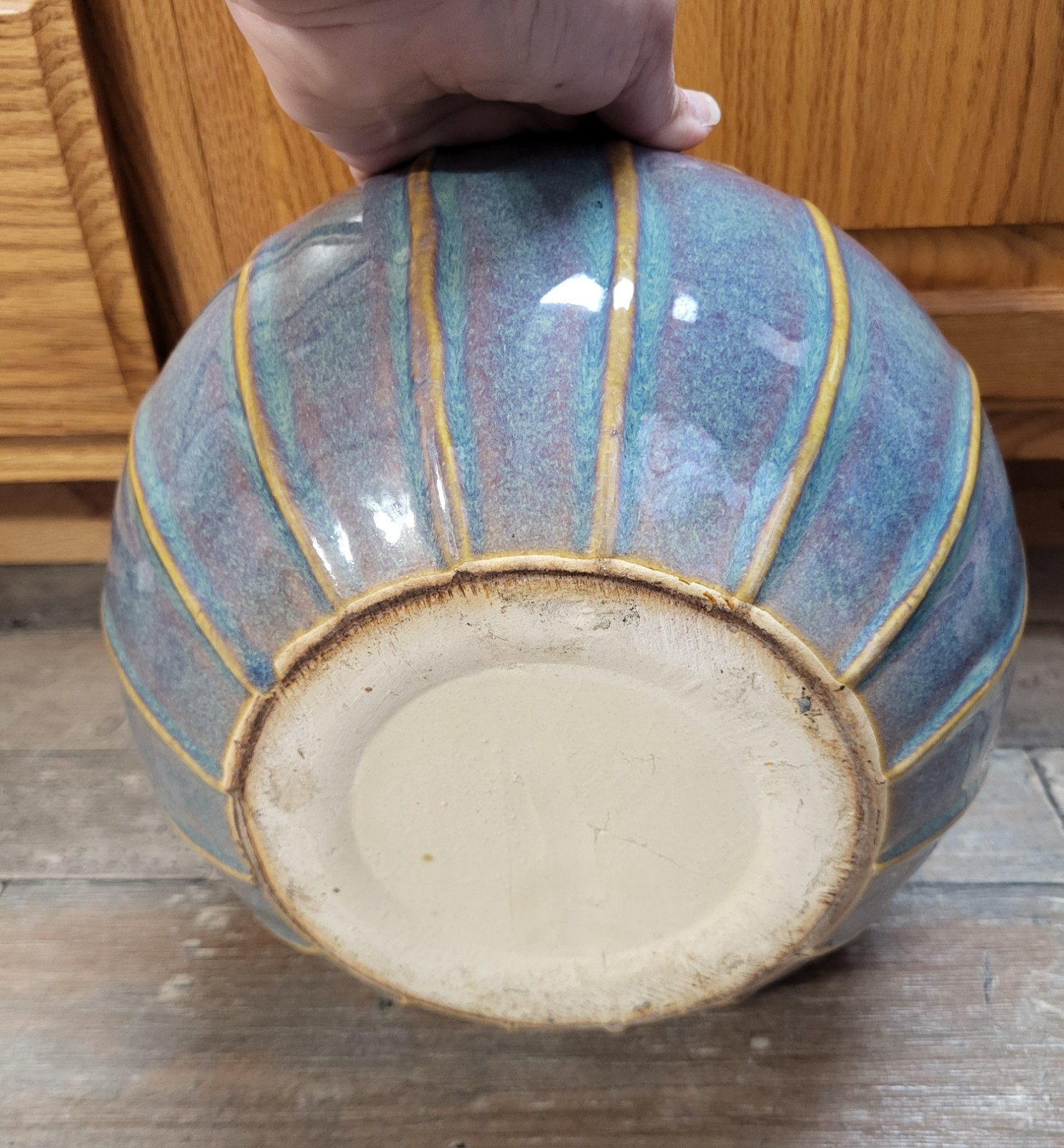 Large Glaze Pottery Bowl Planter Art Plant Pot Purple Blue 9.5″