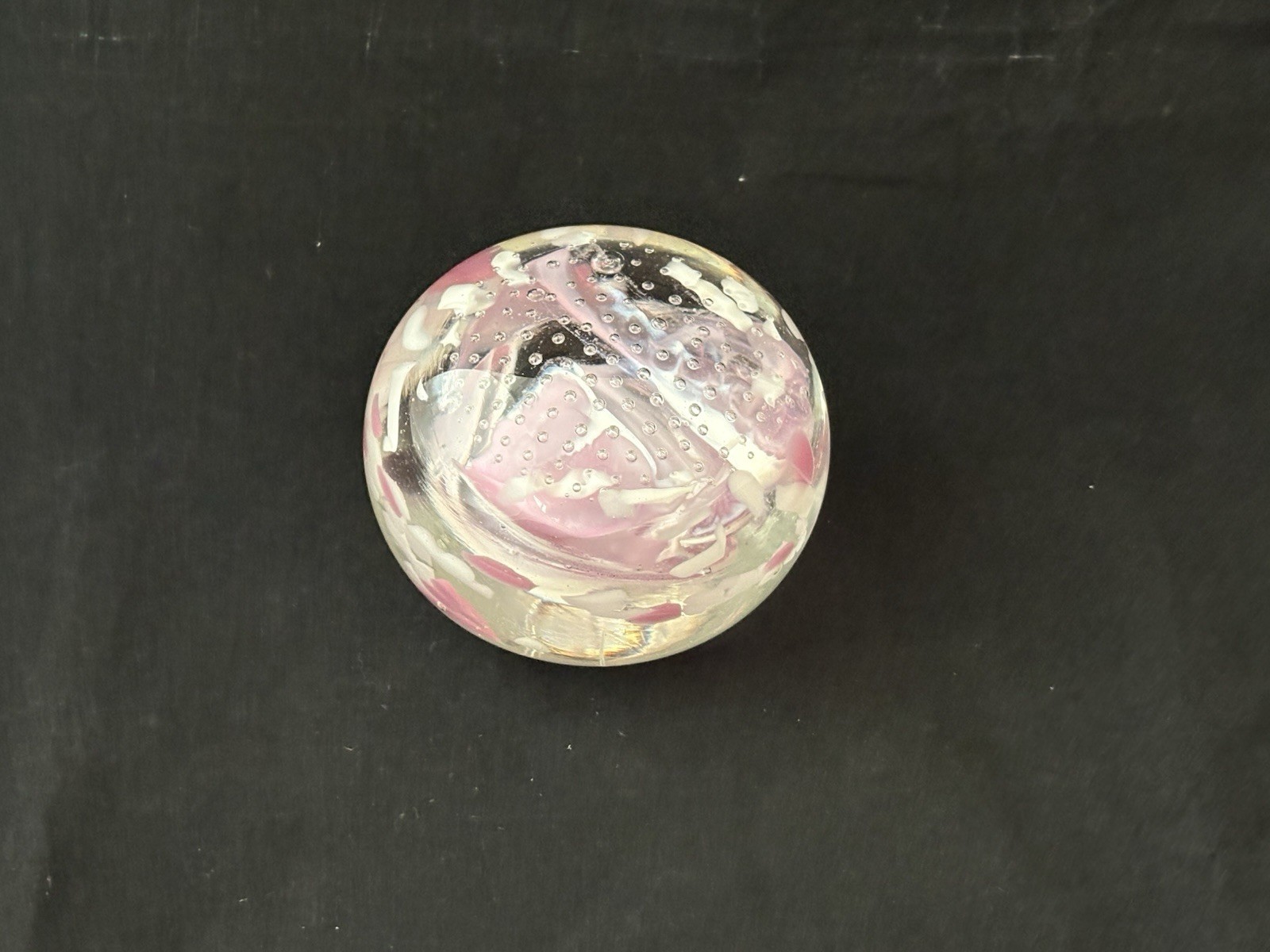 Vintage Clear Glass Paperweight Pink White Swirls Controlled Bubbles Signed Sam