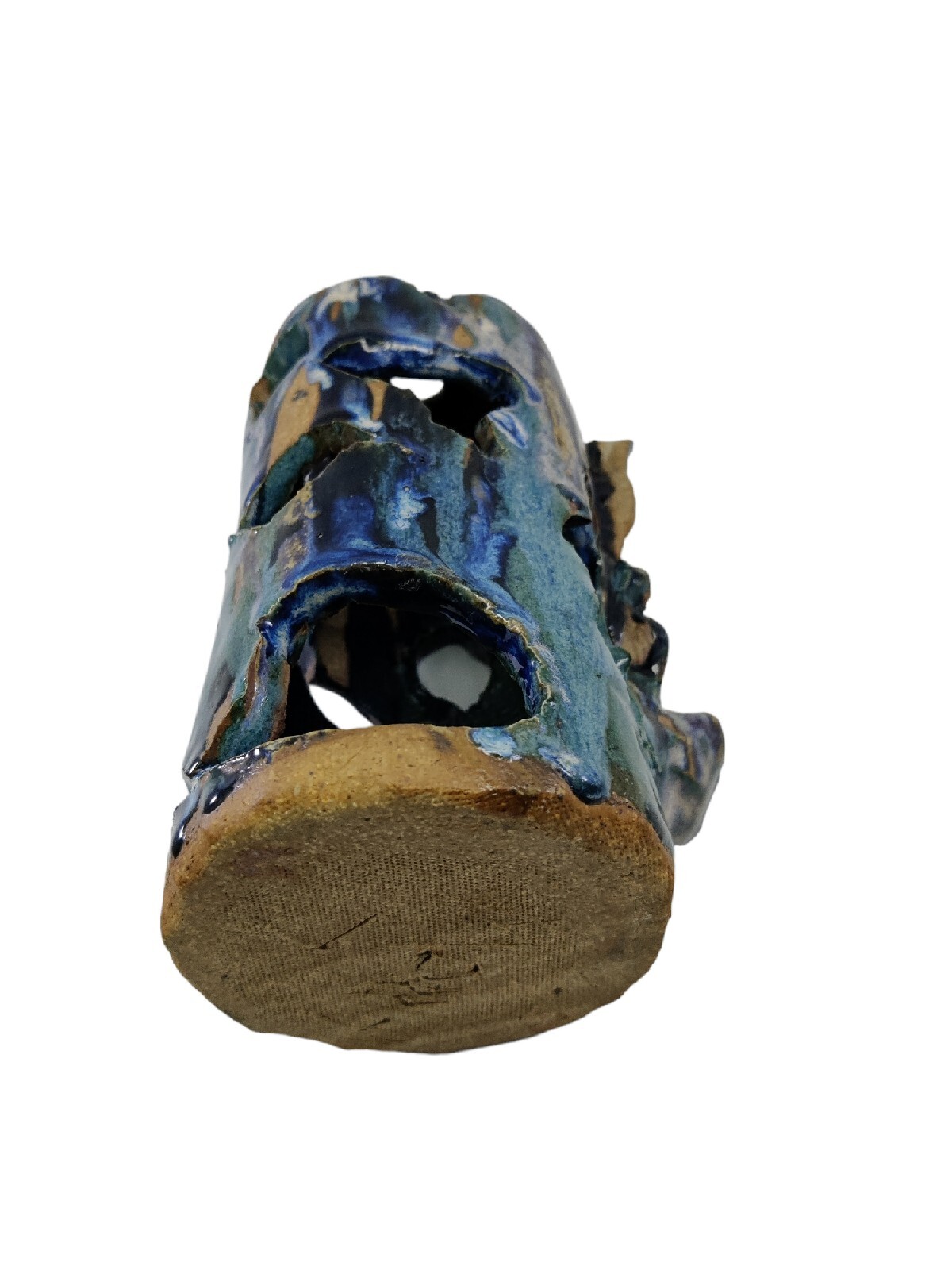 Studio Art Pottery Candle Light Holder Brutalist Drip Blue Glaze Signed Morrison