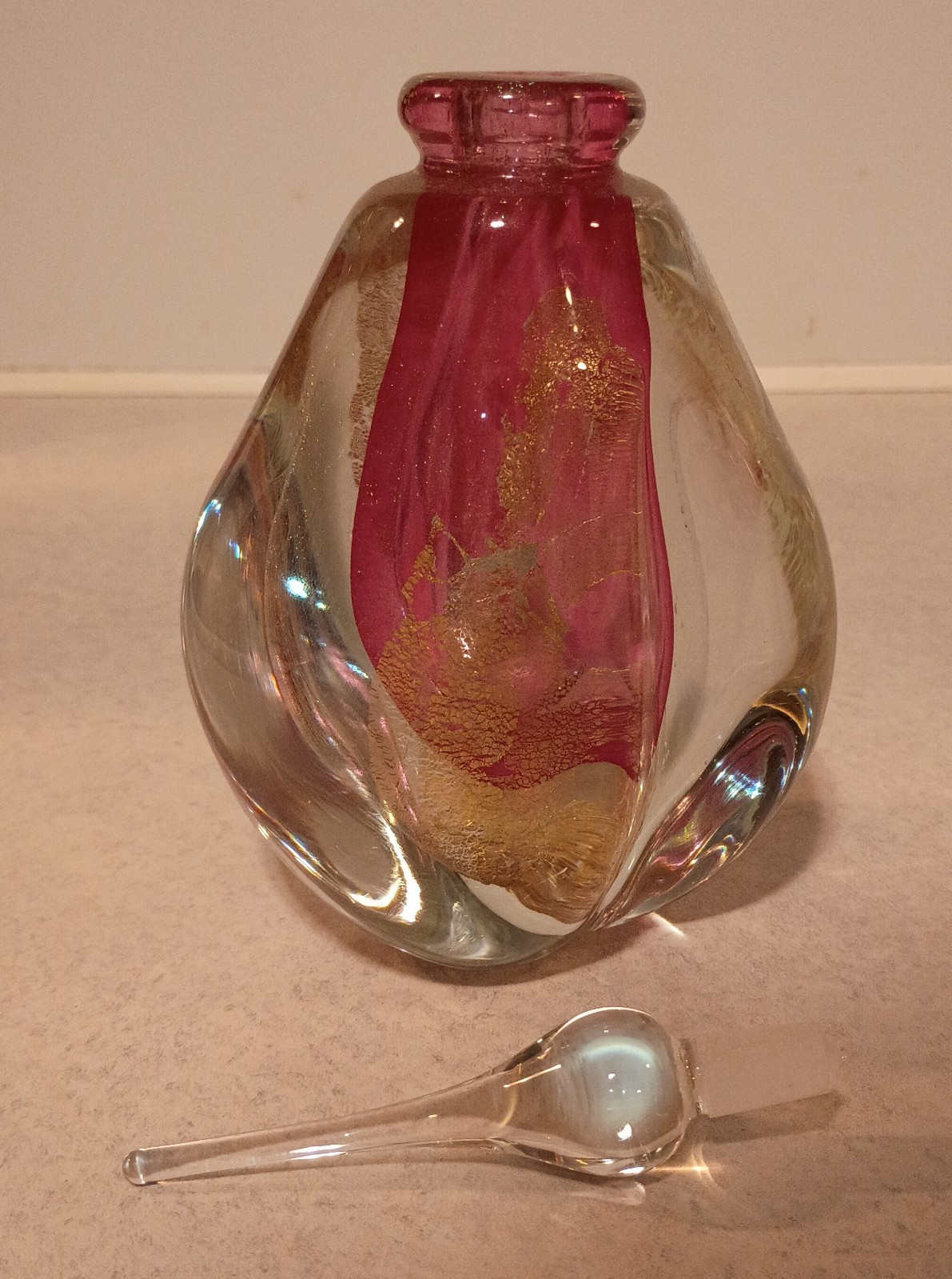 Lot Of 2 Signed Robert Eickholt Red & Gold Free Form Art Glass Perfume Bottles
