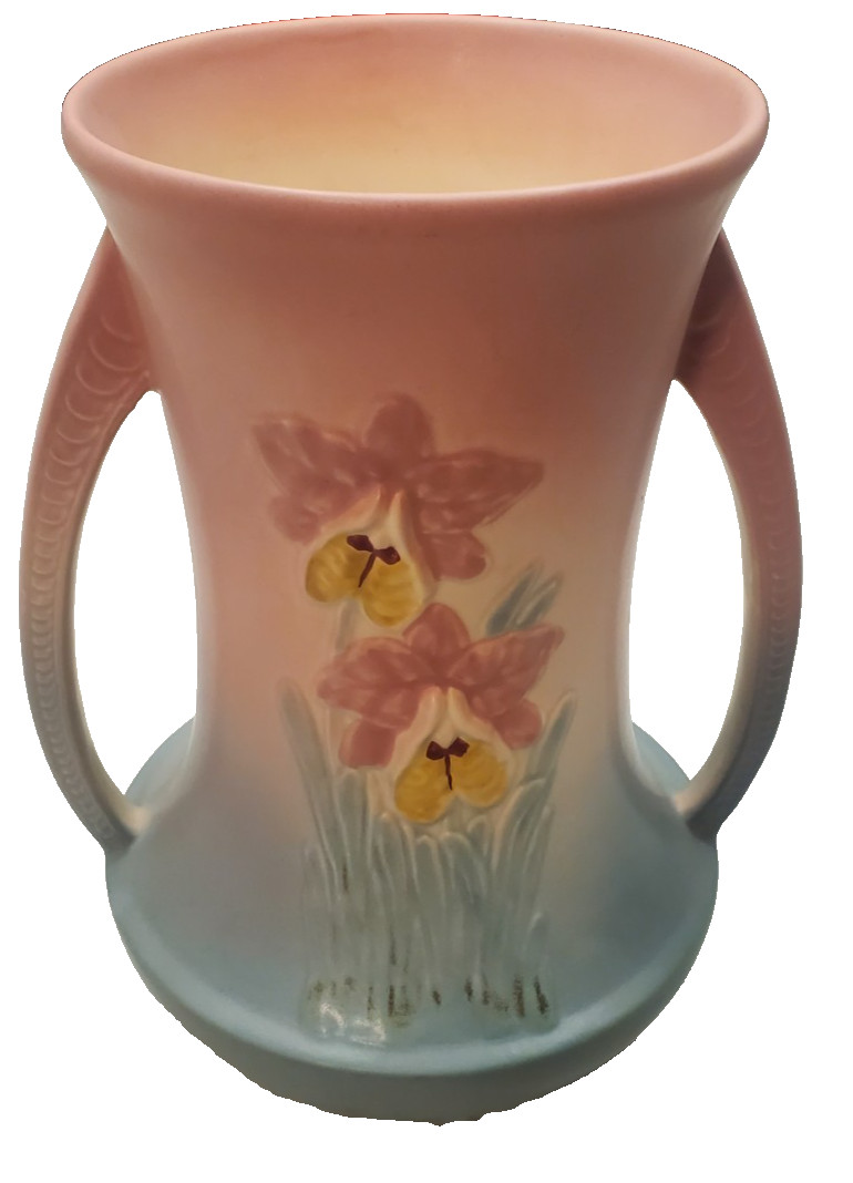 VTG HULL POTTERY ORCHID 304 10 3/4″ VASE DOUBLE HANDLED PASTEL