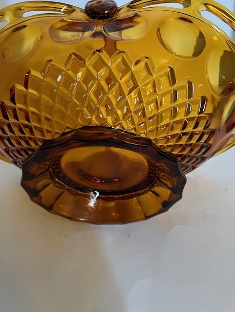 Vintage McKee Large Amber Glass Thumbprint Pattern Glass Basket