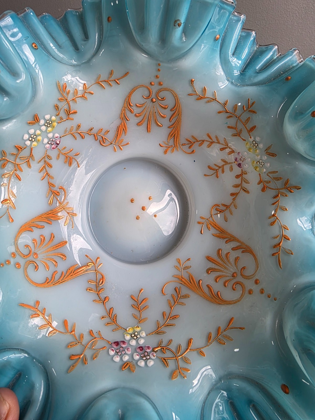 Victorian Silver Crest Ruffled Floral Brides Bowl Hand Painted Blue Bold White