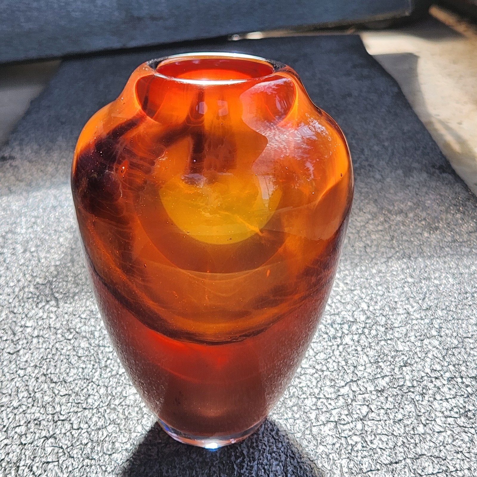Vtg Signed “K.C.” Studio Art Glass Vase Orange W/ Red Swirls 6.5″ Tall 1981