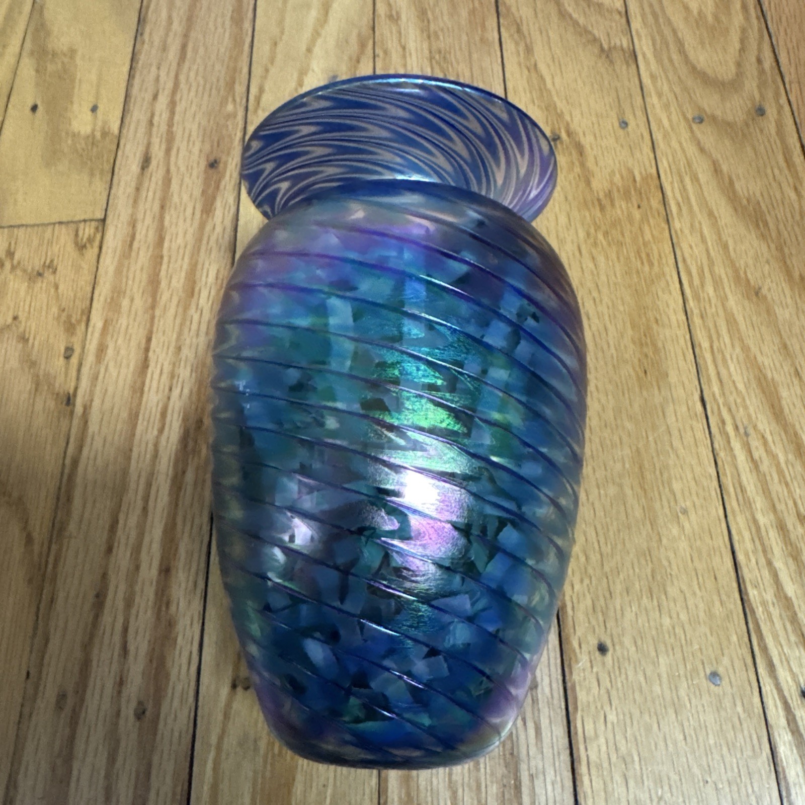 VTG The Glass Eye Studio Pulled Feather Vase 6” MSH 1988 Blue Swirl Peacock Art