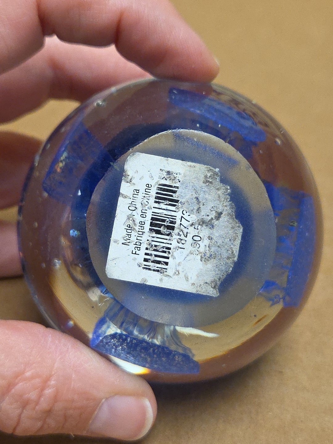 Art Glass Paperweight Clear Round with Cobalt Blue Flower Bloom 2.25”
