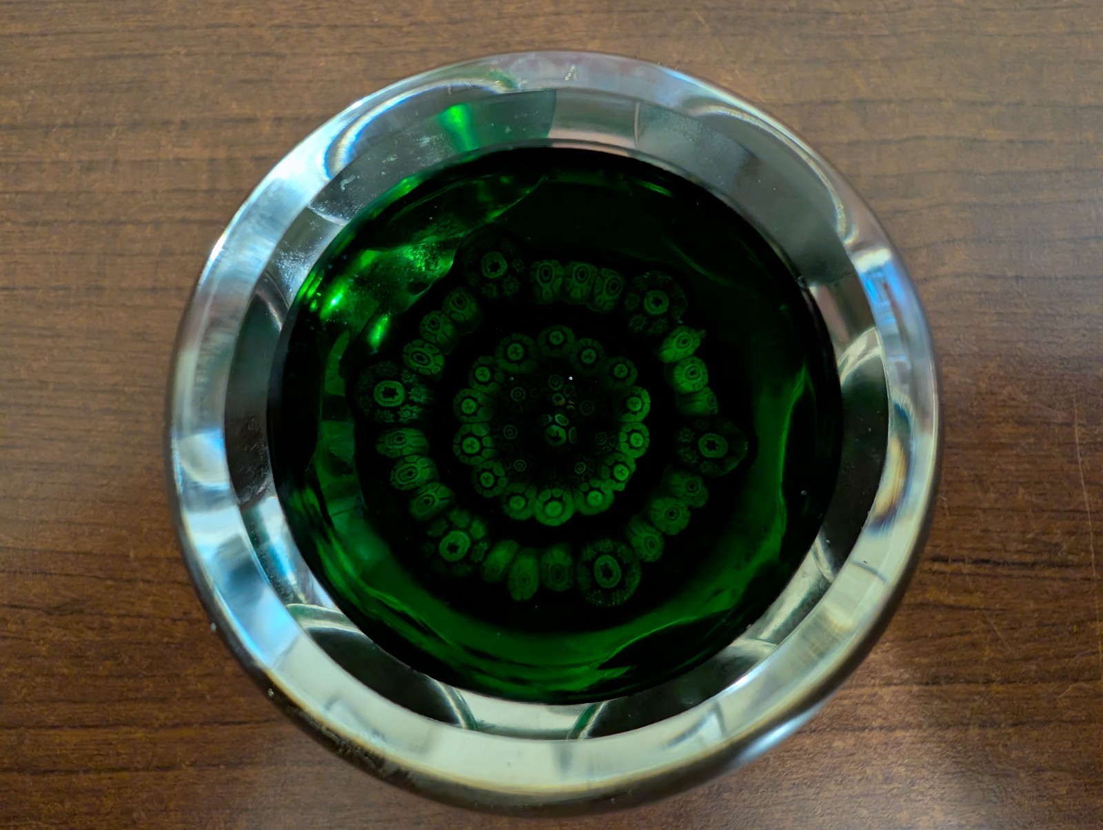 Vintage Perthshire Millefiori Emerald Green Cased Art Glass Faceted Paperweight