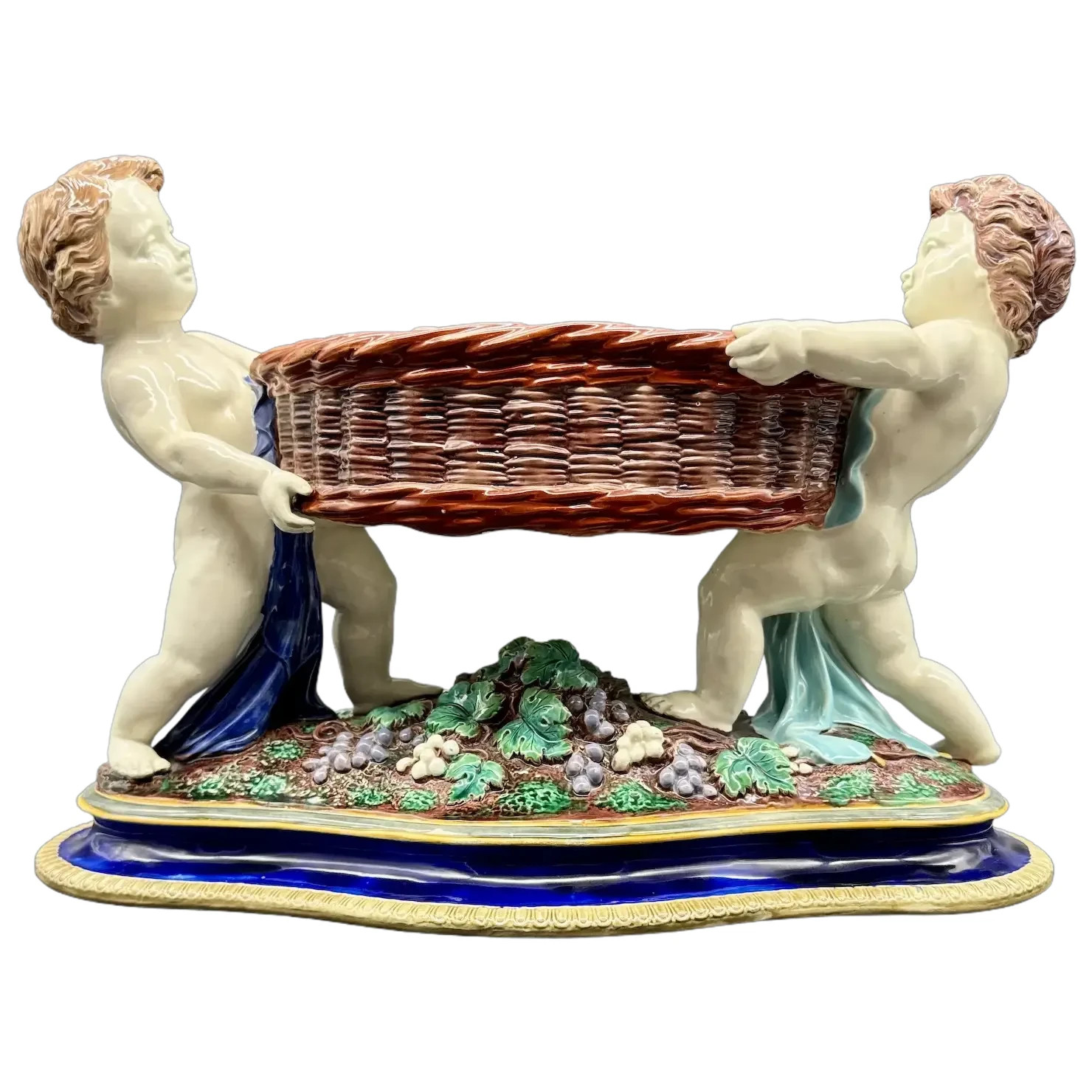 English Majolica Compote Server, Cherubs Basket, 15″ L, Minton Copeland