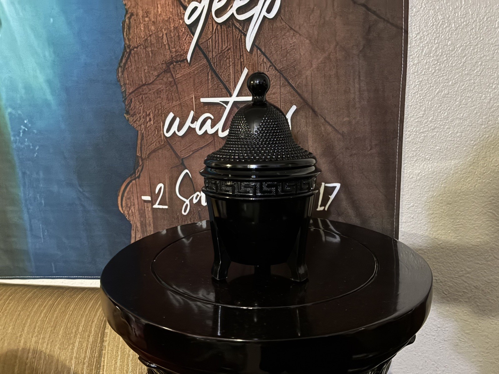 Vintage LE Smith Black Amethyst Glass Greek Key Footed Vase with Flower Design