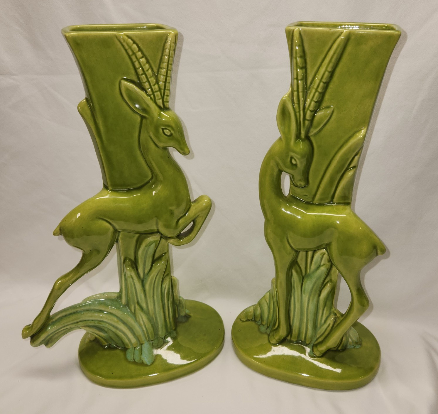 Mid-Century Modern, ROYAL HAEGER, Pair of 14.5″ Chartreuse Gazelle Vases #R706