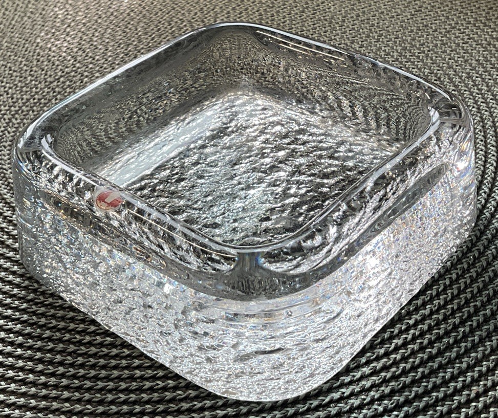 IITTALA :: Vintage 4” Sq GLASS ASHTRAY Clear Textured TIMO SARPANEVA FINLAND