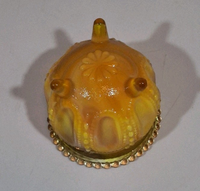Boyd Glass Gypsy Pot Cauldron Toothpick Candle Holder Yellow Orange Slag UV Glow