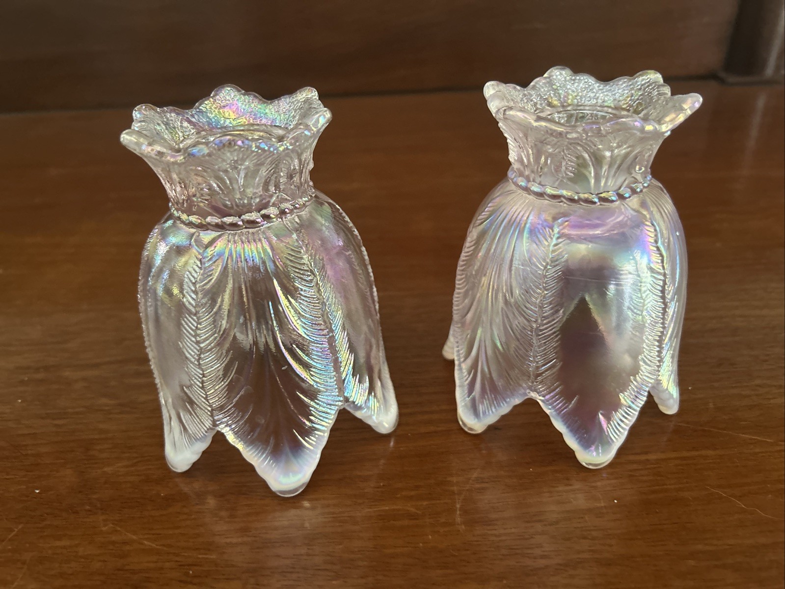 2-Fenton Pink Iridescent Opalescent Glass Tulip 2-way Votive/Taper Candle Holder