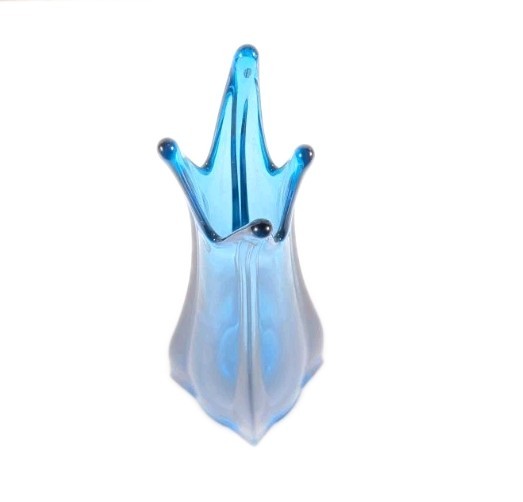 Vintage LE Smith MCM Peacock Blue Four Square 4 Finger Glass Swung Vase 14”