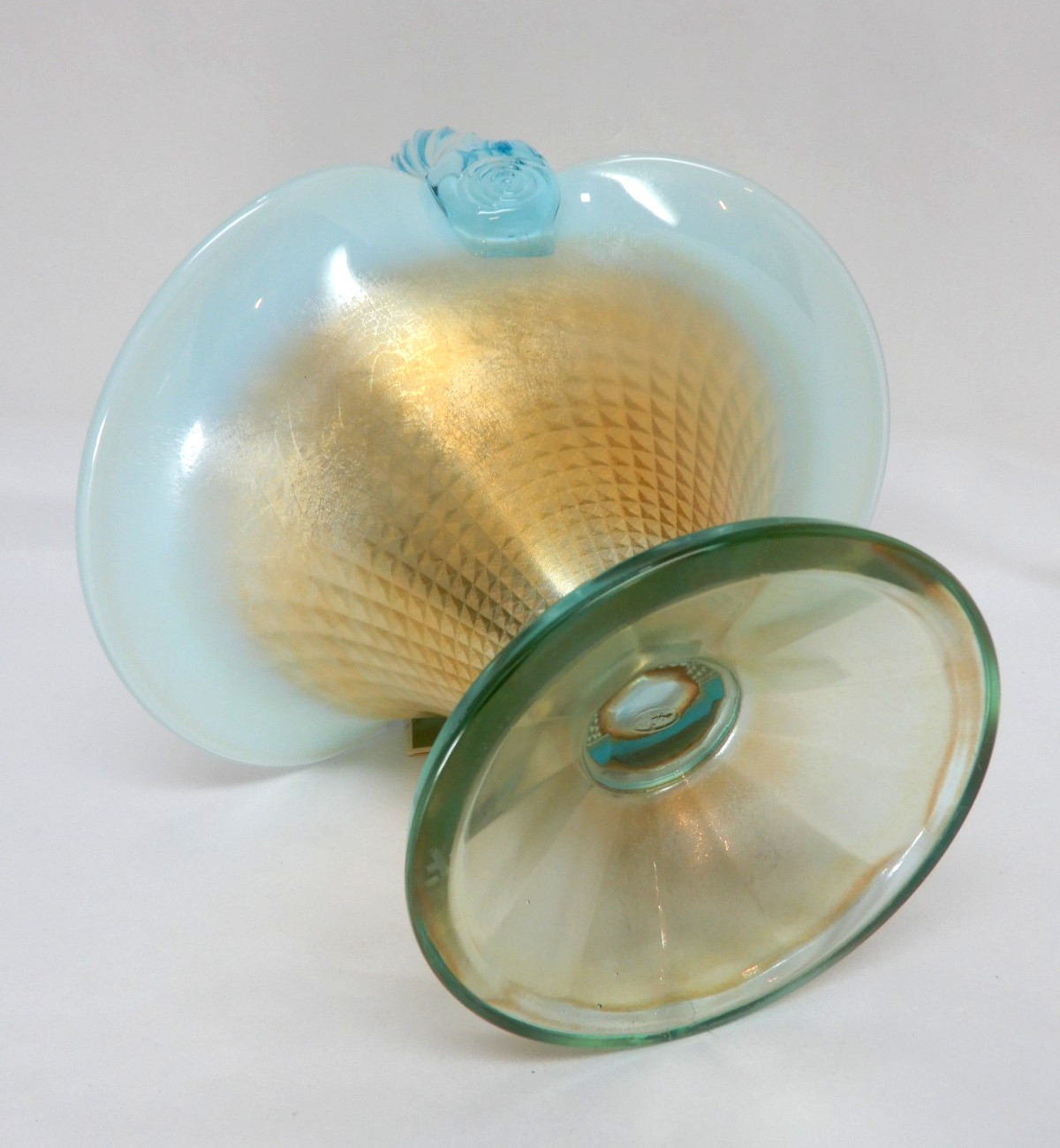 Fenton Opalescent Pedestal Basket Twist Handle Pale Aqua Blue/Gold 9 in Tall NOS