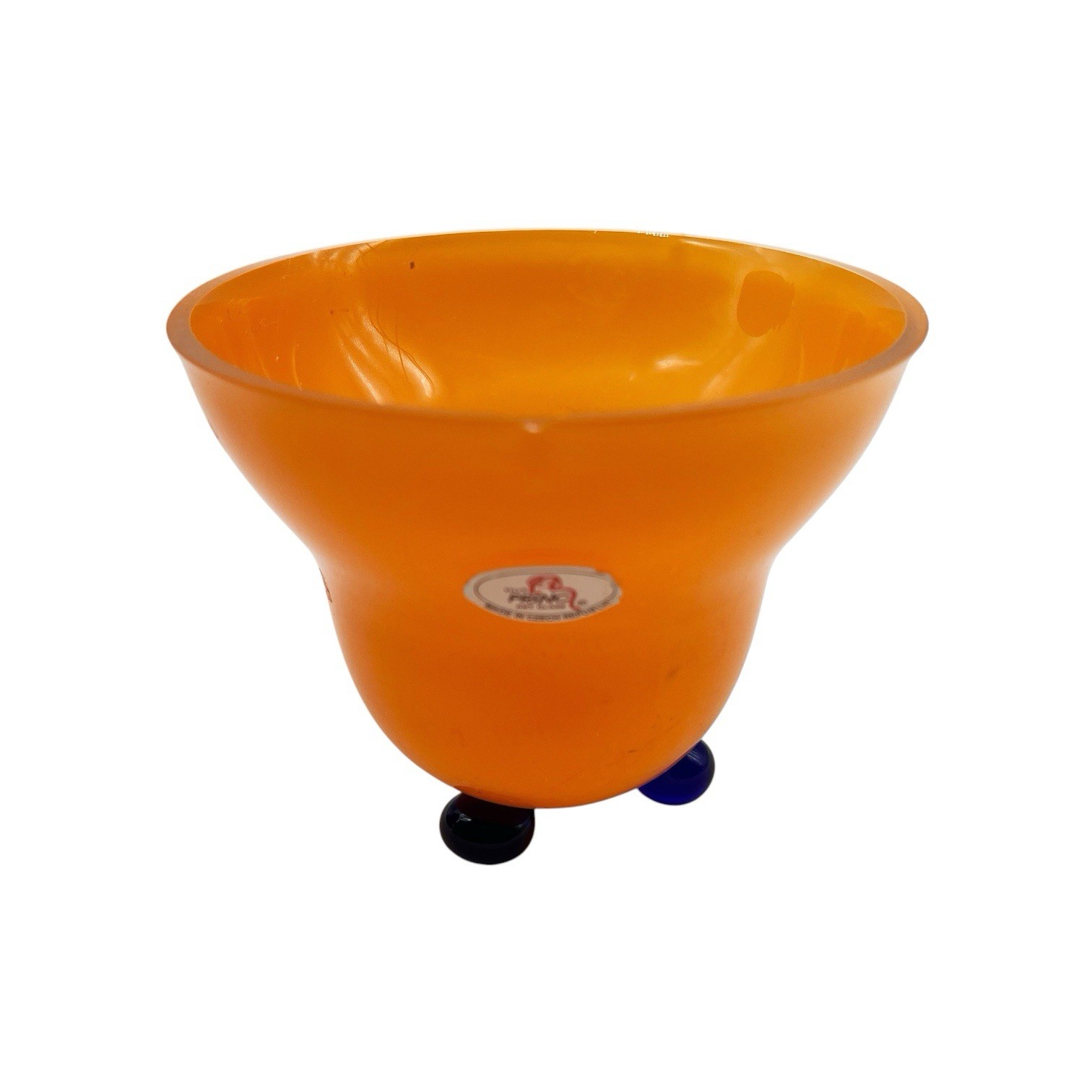 Princ Art Glass Vase Czech Republic Orange Cobalt Blue Bun Feet