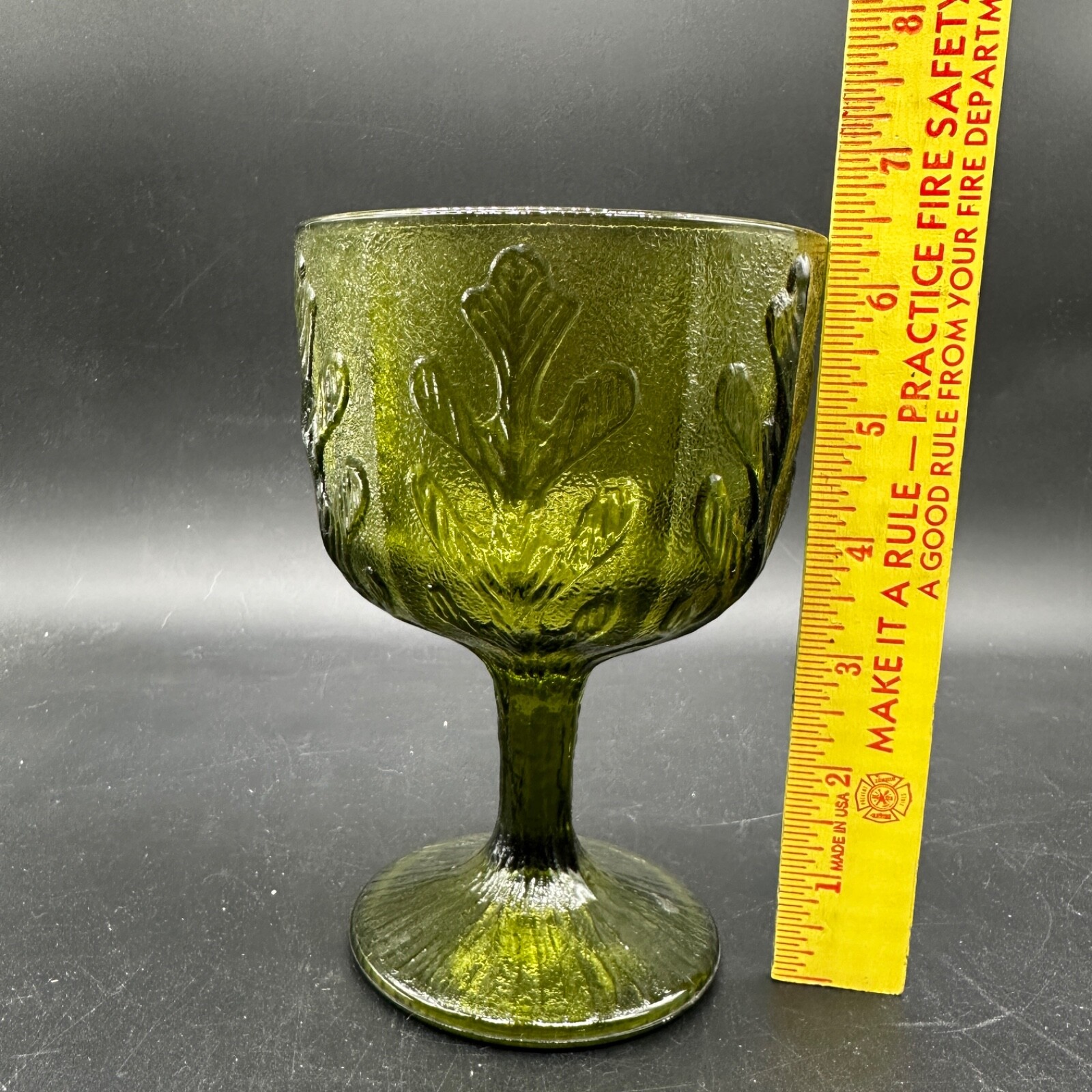 FTD 1975 Green Glass Goblet Footed Candy Dish Oak Leaf Pattern Vtg No Chips