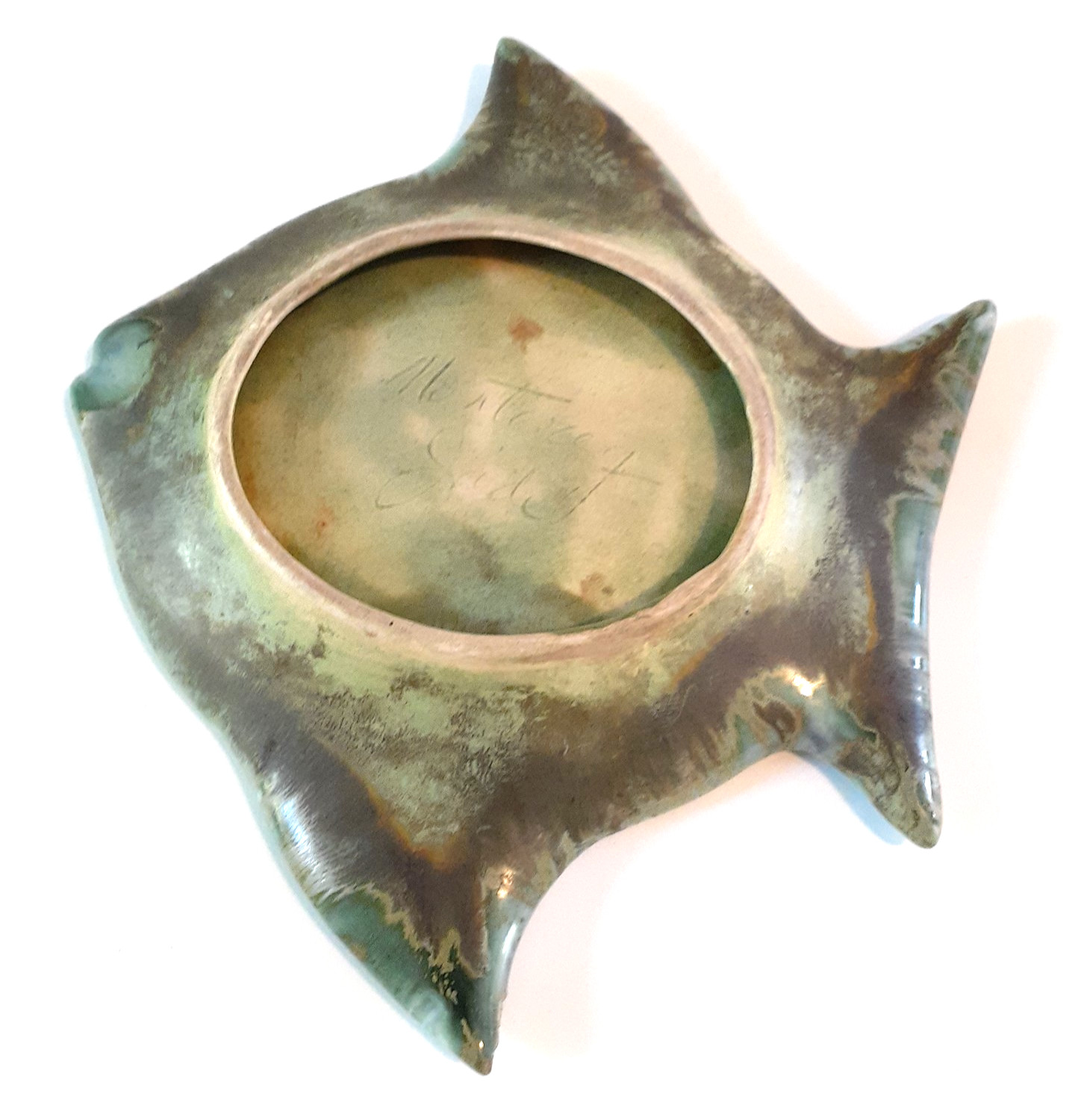 Vintage Monterey Jade Handmade Fish Trinket Dish Ashtray Green Gold Blue Pottery