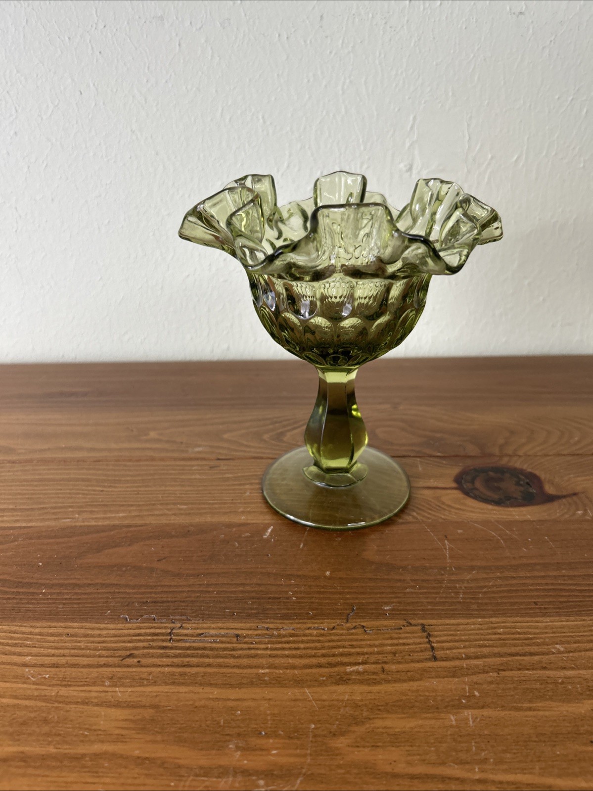 Vintage Fenton Art Glass Colonial Green Thumbprint Ruffled Compote Comport