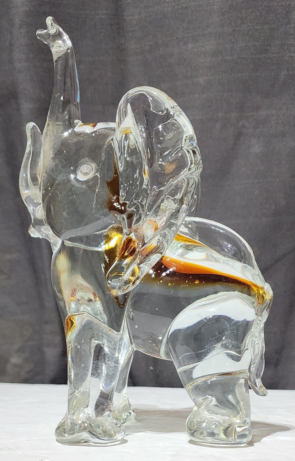 Vtg Murano Hand Blown Art Glass Elephant Figurine 8.5″ Clear Amber Sommerso