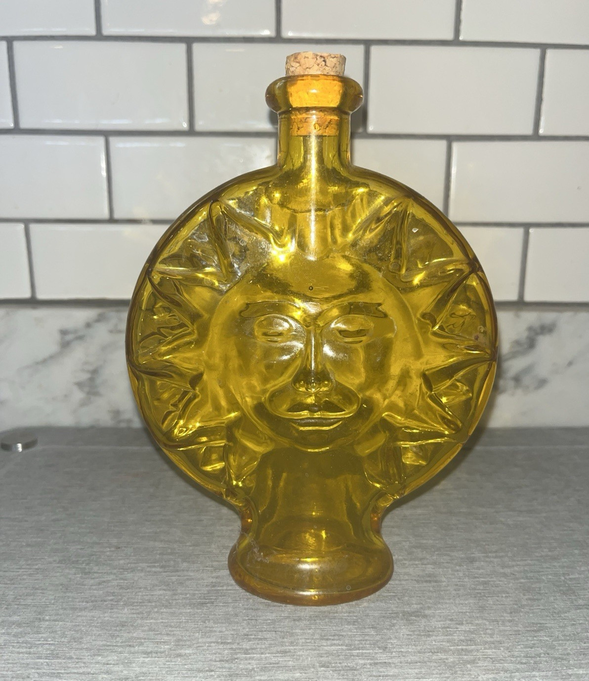 Vintage yellow sun glass bottle bud vase sun face 70s Celestial boho decor
