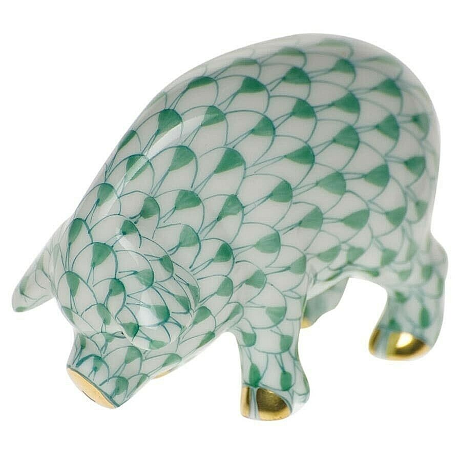 HEREND MINIATURES, MINI “CUTIE” PIGLET, 1.5″ PORCELAIN FIGURINE, GREEN FISHNET