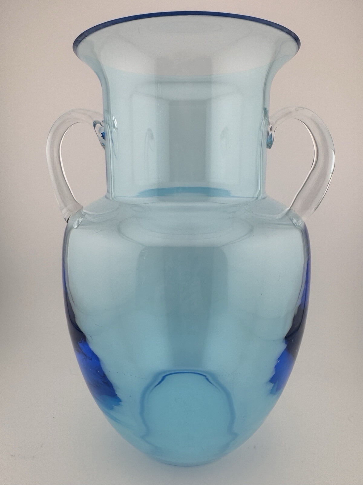 Beautiful Light Blue/Aqua Art Glass Ewer Pitcher/Vase Applied Handles 9.25 In