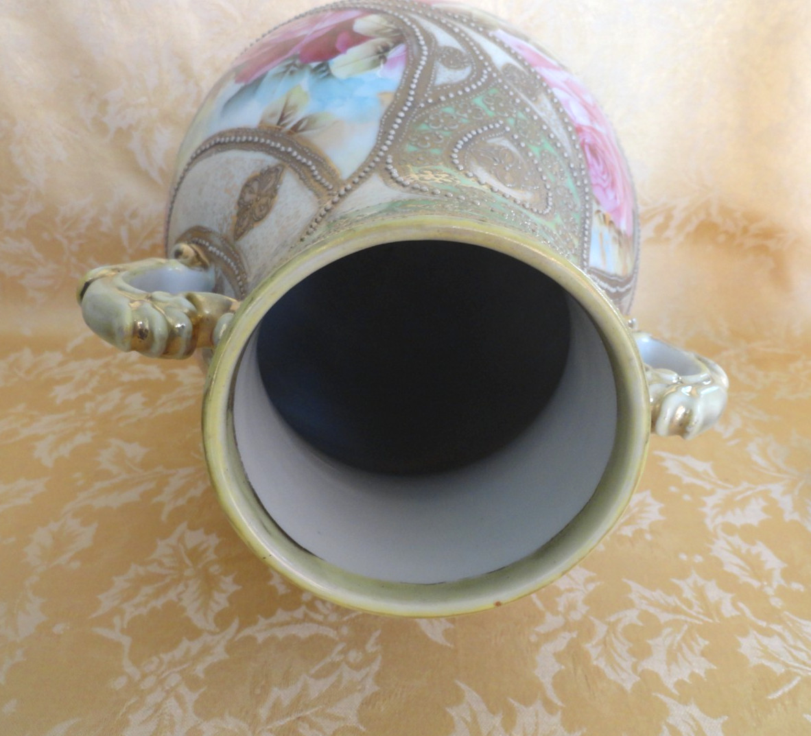 Large Antique Nippon Moriage Hand Painted Handled Vase Rose W/ Gold Gilt 12.5 H