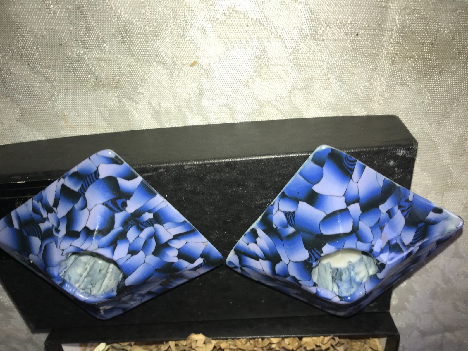2/Pair CURTIS BENZLE Applied Art CANDLE Stick HOLDER 3″ Blue MILLEFIORI 3″Square