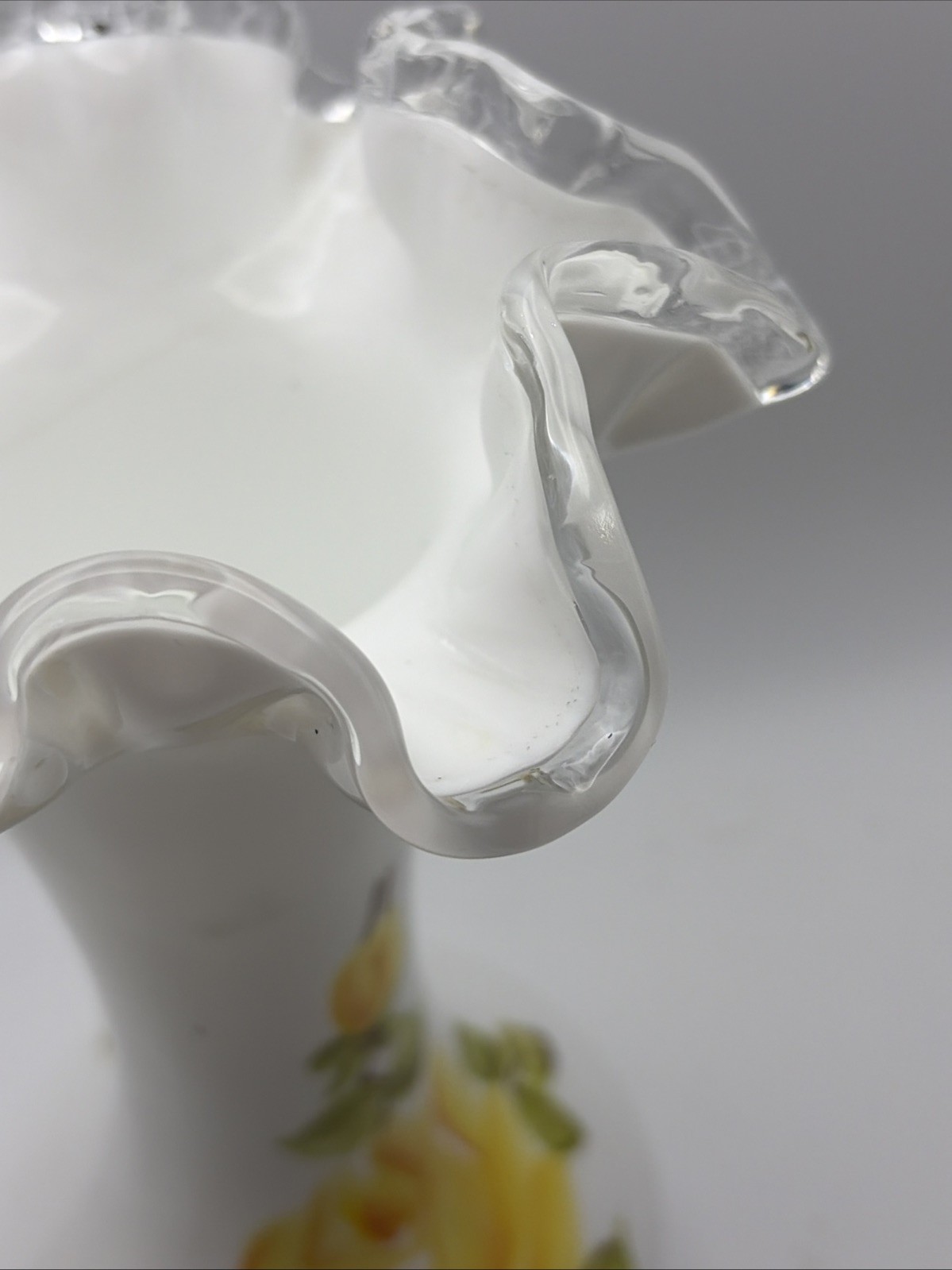 VTG Fenton Milk Glass Ruffle Crest Handpainted Vase Yellow Roses 8”