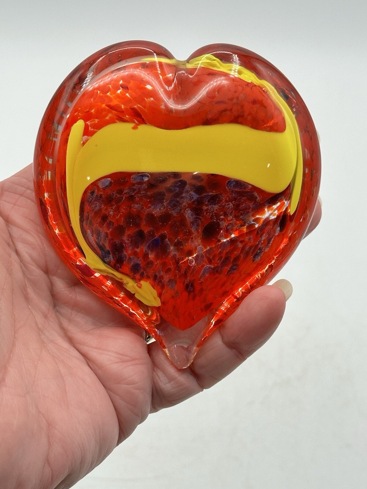 Art Glass Blown Paperweight Heart Shaped Orange And Yellow Clear Cased