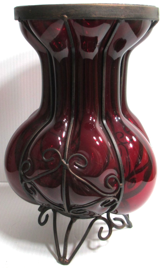 Vintage Hand-Crafted Ruby Red Glass Cased in Wrought Iron Vase 10 1/4″ Tall
