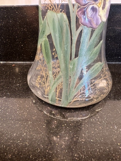 ANTIQUE GORGEOUS MONT JOYE LEGRAS FRENCH ART GLASS VASE WITH ENAMELED PANSIES