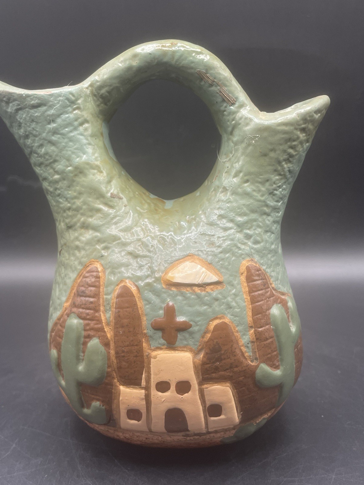Vintage 70s Clay Vase Southwest Theme Freestanding Or Wall Hanging 5” Tall