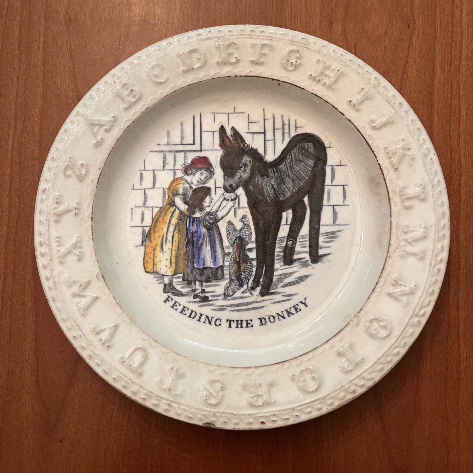 Antique Child’s ABC Plate “Feed The Donkey” Staffordshire #553 Cottage 1880s