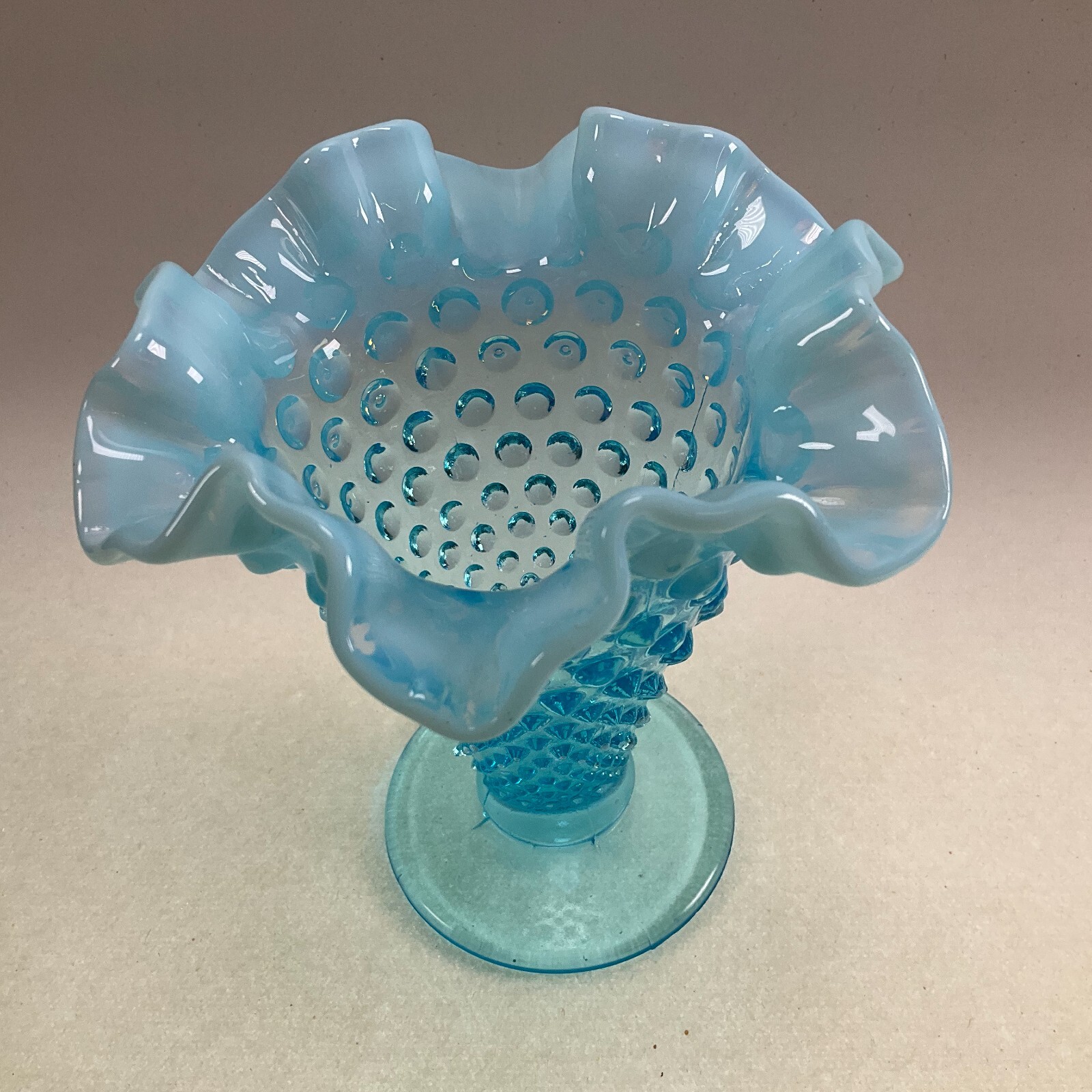 Fenton Hobnail Blue Opalescent Trumpet Vase 6″ Aqua Vintage