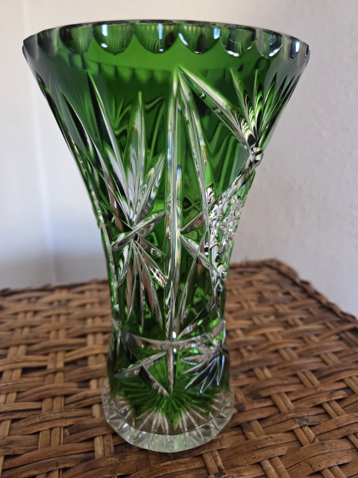 Vintage Bohemia Emerald GreenHandcut Lead Crystal Vase 24% PbO