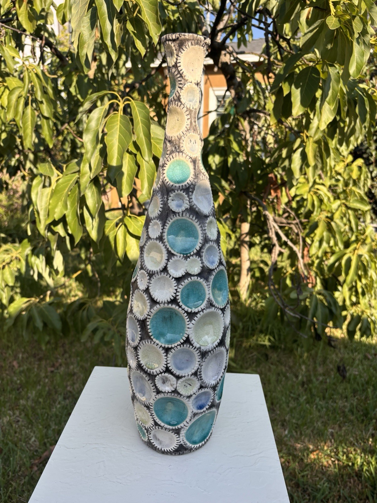 HongLianRiven Bottle 20” Vase White Cream Turquoise Resin Colorful Geometric