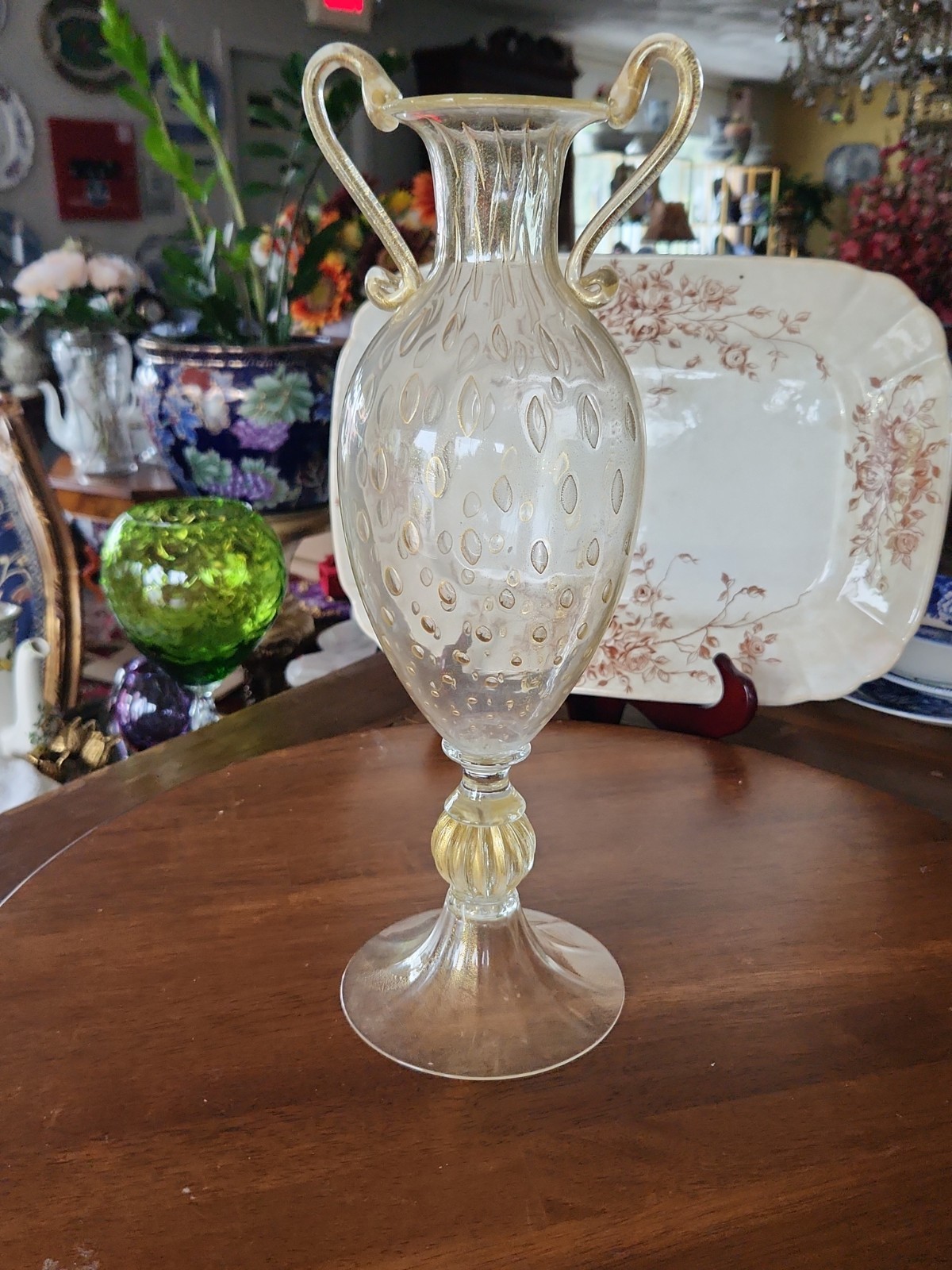 ​Vtg Murano Style Glass Amphora Urn Vase Bullicante Gold Aventurine Two Handles