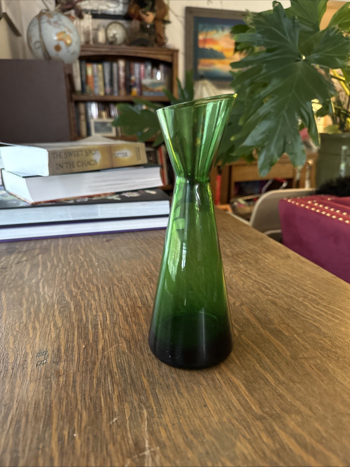 Mid Century Vintage Morgantown Adams Glass Slant Top Vase Moss Green 8″ H