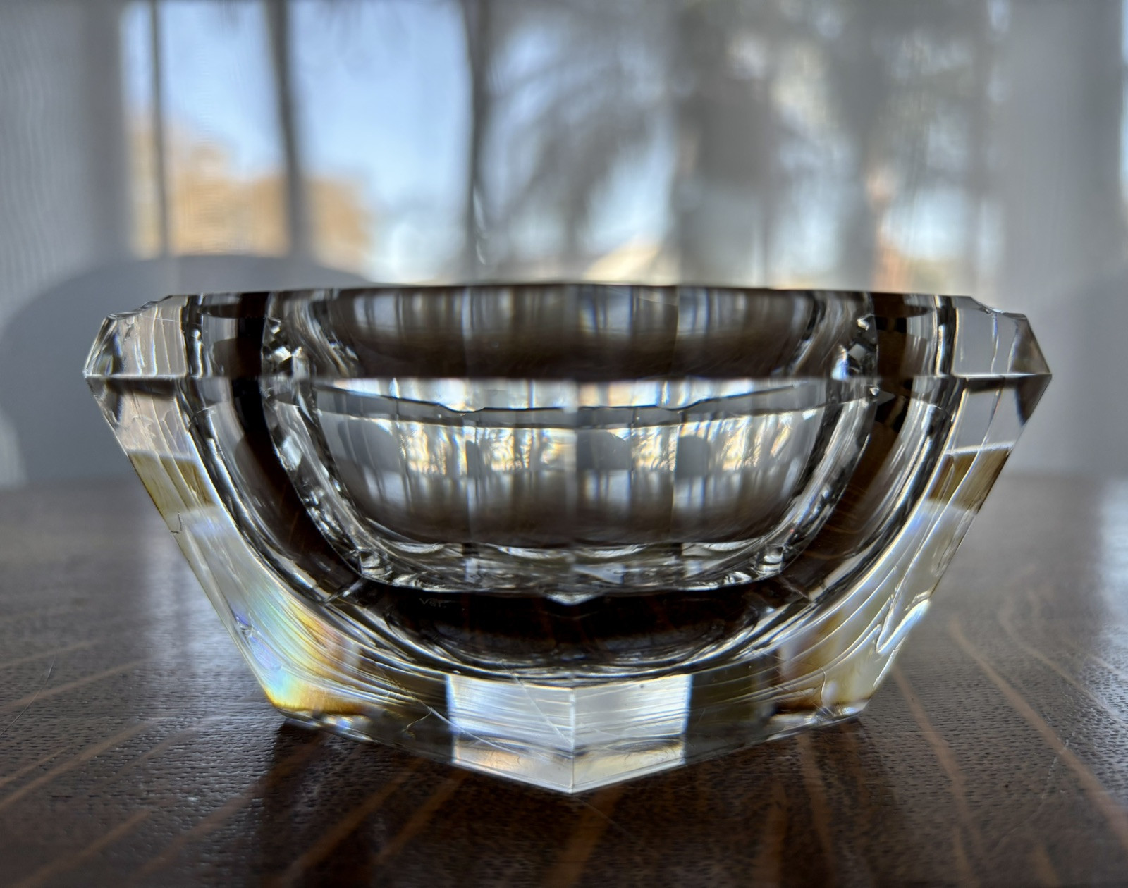 Art Deco MCM Val St Lambert Geometric Art Glass Chunky 3 Slot Ashtray Signed VSL