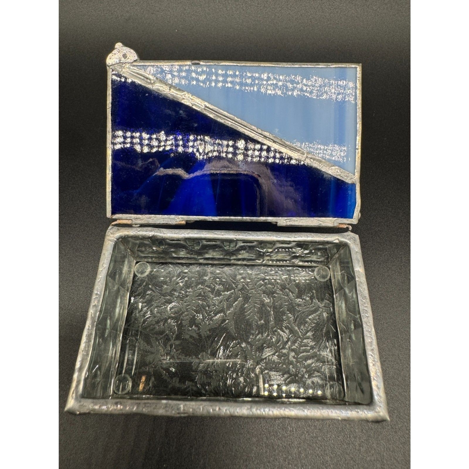 Art Glass Leaded Hinged Box Cobalt and Light Blues. 3″x 2″