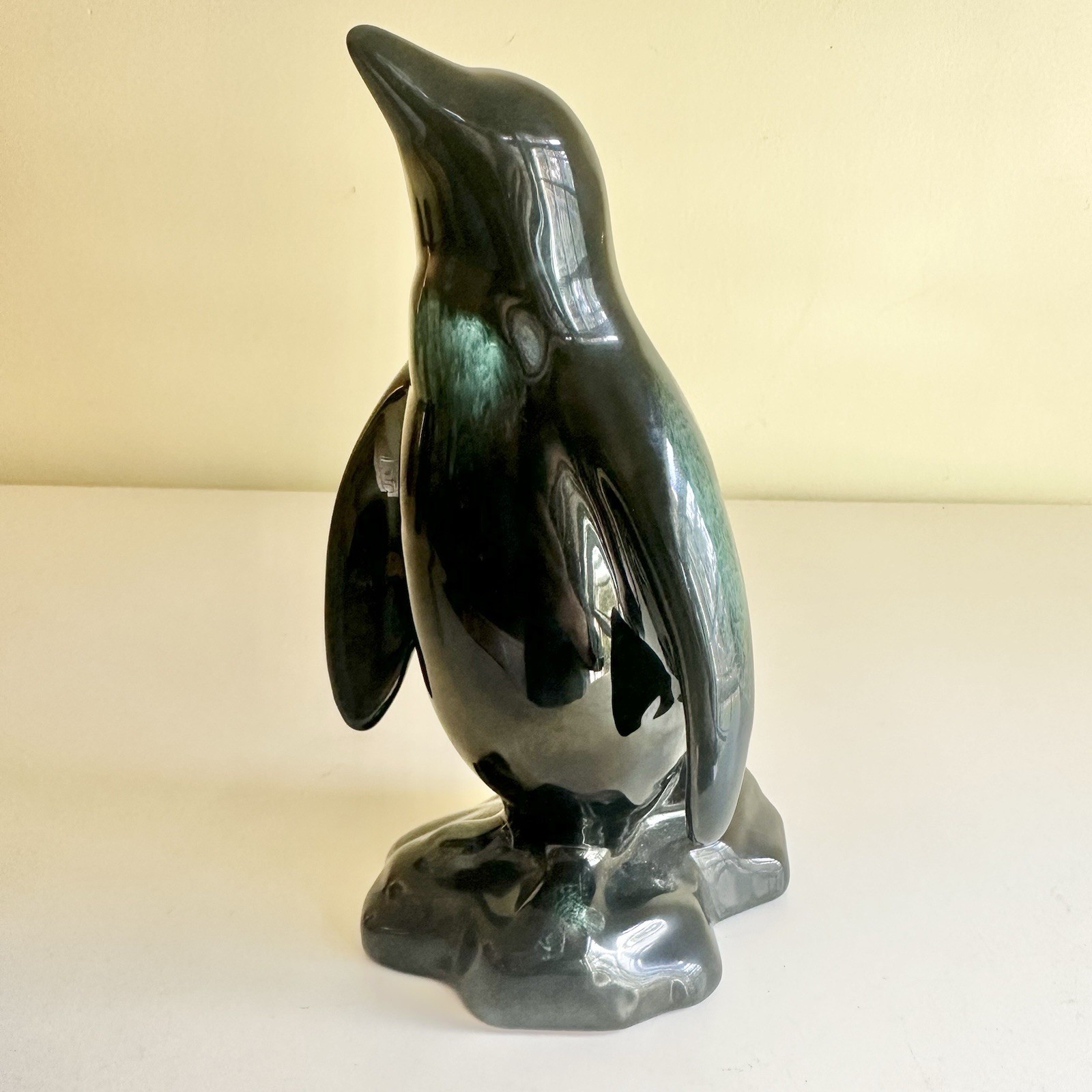 Vintage Blue Mountain Pottery Penguin Figurine Green Black Drip Glaze MCM 8”