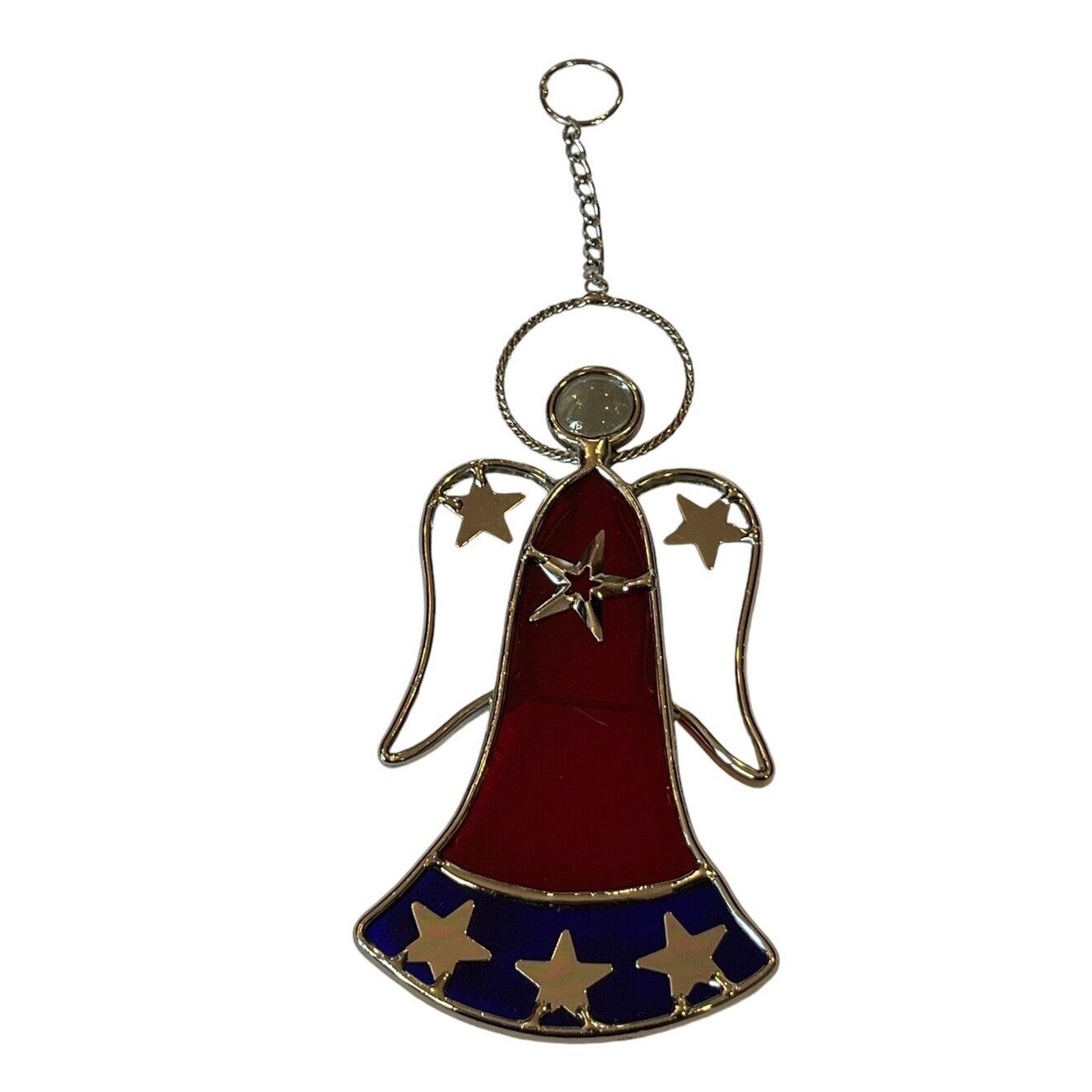 3D Stained Glass Angel Red Blue Stars 5.75” Sun Catcher Patriotic