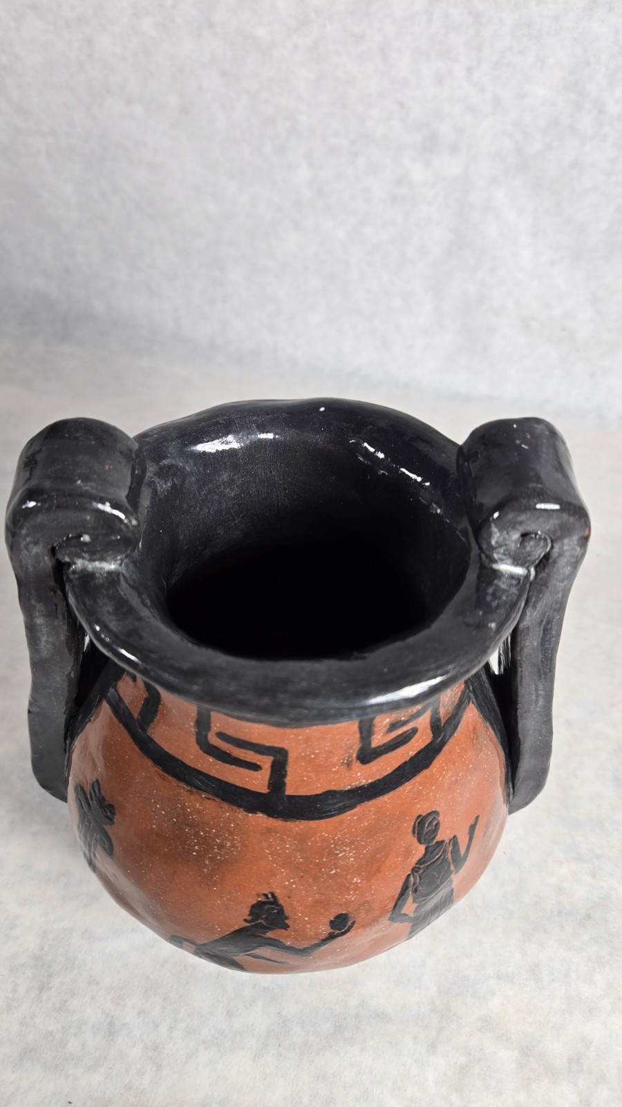 Vintage Vase Red Clay Pottery Greek Mythology? Double Handle Jug 7.5″ Signed AK